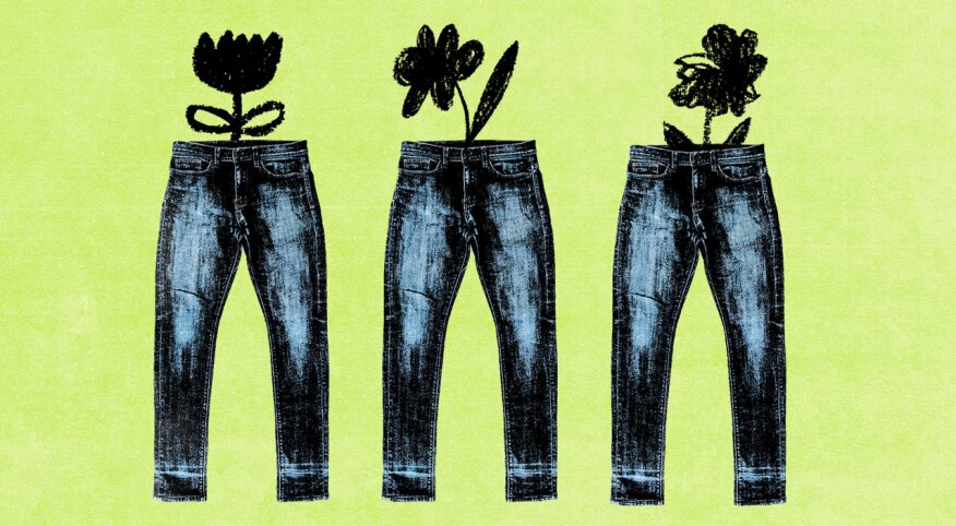 illustration of flowers sprouting from blue jeans, earth friendly fashion