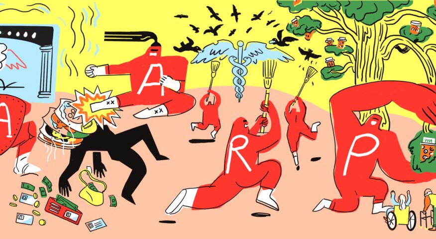 illustration of aarp characters fighting 