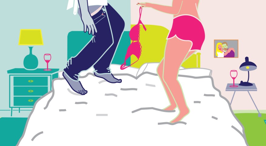 Illustration of man and woman jumping on bed as friends with benefits.