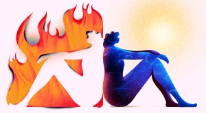 Cut out of woman against a flame