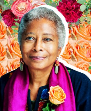 photo collage of alice walker and floral assets