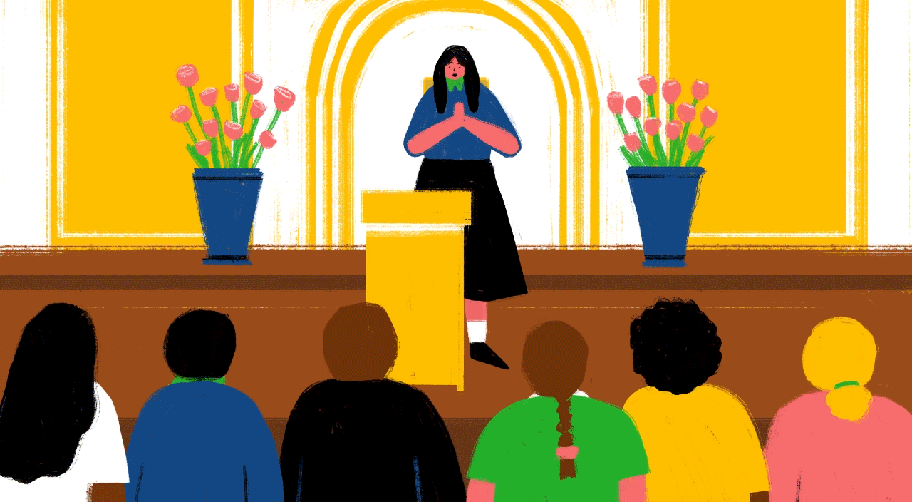 illustration gif of woman's skirt falling down in front of congregation
