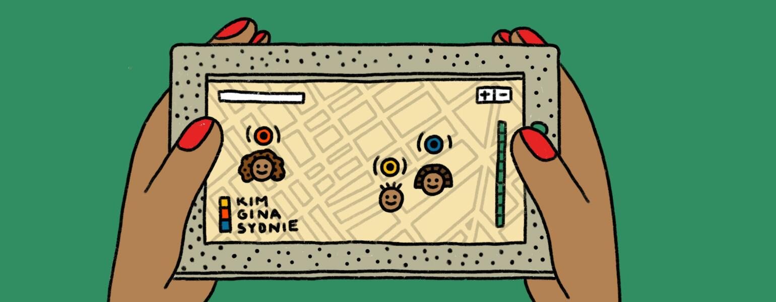 Illustration of tracking device with kids locations on it