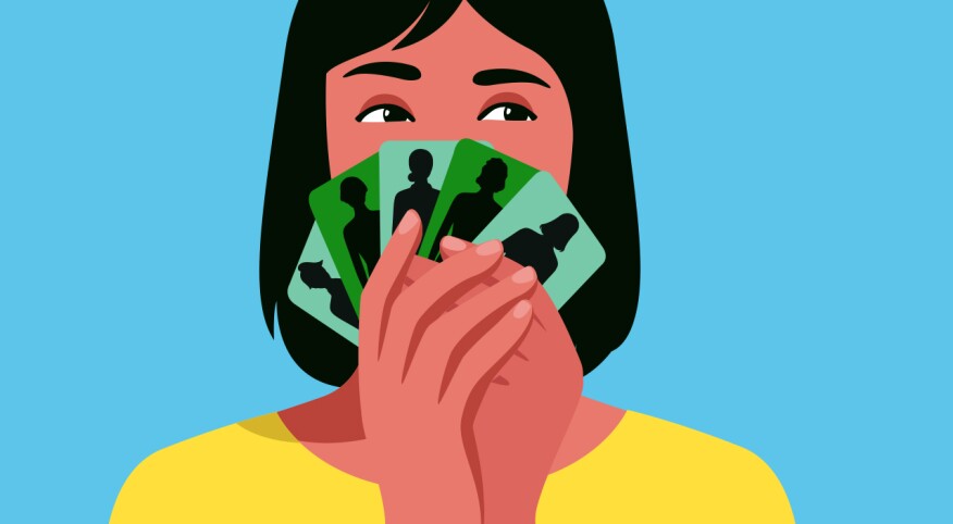 illustration of woman holding up gaming cards with silhouettes of people on the covers