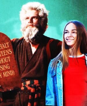 A figure appearing to look like Moses with an arm around a teenage daughter is holding a tablet that states, "Thou Shalt Raise Teens (Without Losing My Mind)