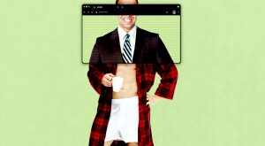 Man in pajamas with a computer screen superimposed over his head and torso revealing that he is wearing a suit
