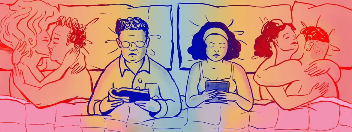 A husband and wife in an open marriage lay side by side in bed, reading. To either side are depictions of them being intimate with other people.