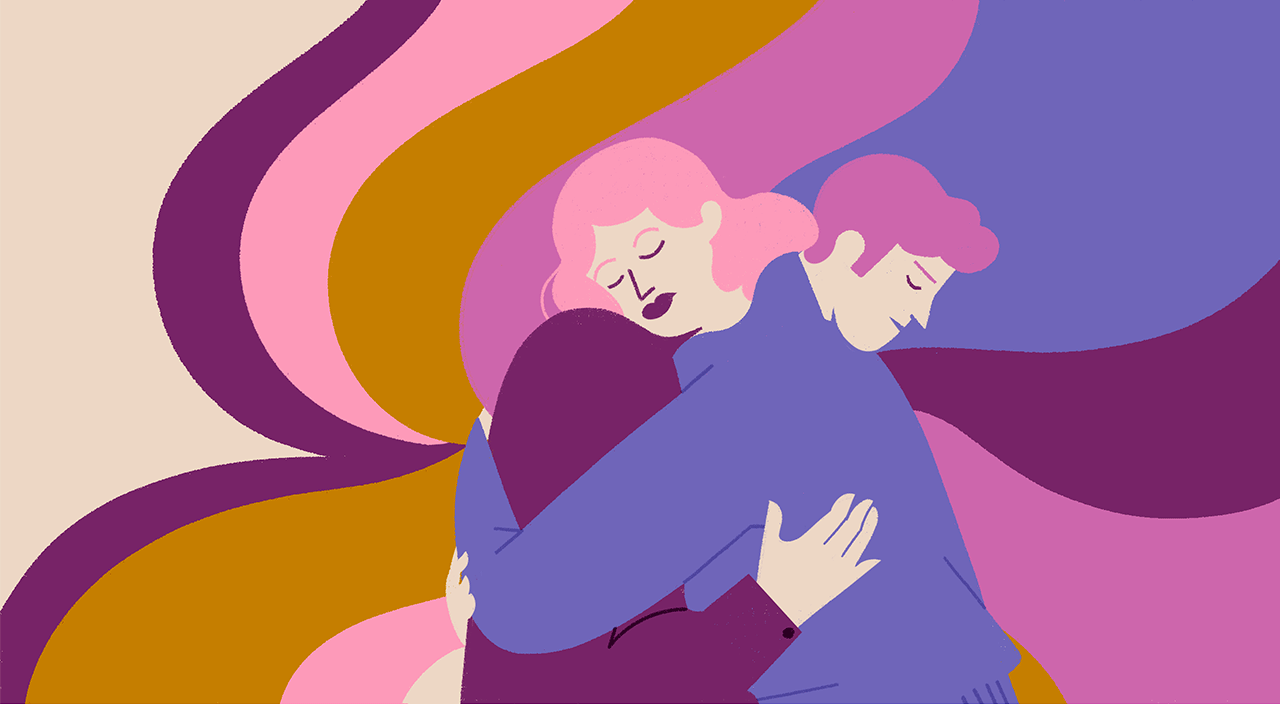 Animation of a couple embracing and the woman changes into another woman.