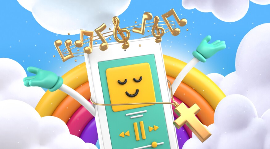 illustration of music device surrounded by rainbow and clouds