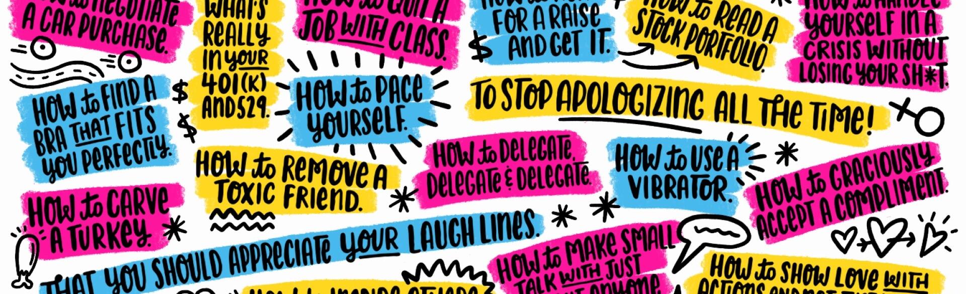 graphic with examples of 40 things women by 40 should know
