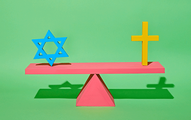 A pink Balance with a blue star of david and a yellow cross moving side to side