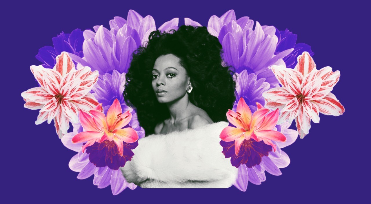 photo collage of diana ross surrounded by blooming flowers
