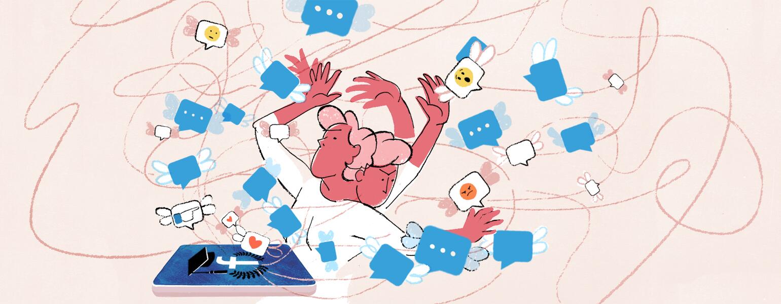 illustration of woman dealing with university parents forums on facebook