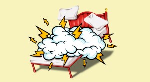 bed illustration, sex, cloud, lightening bolts