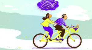 illustration of couple riding a bike with cloud of anxiety over the female by tara jacoby