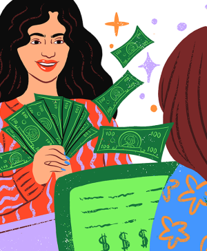 illustration of woman holding a lot of money ready to buy something, self-care splurge