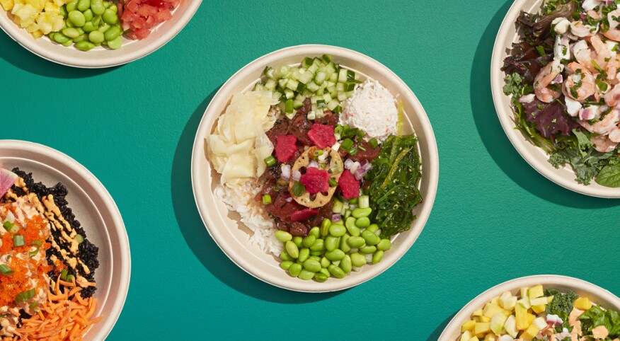 image of various poke bowls on green background