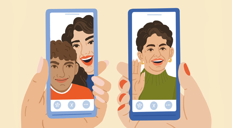 illustration of 2 cell phones displaying video call between mother, son and grandmother, loneliness, connections