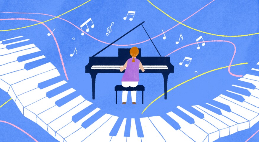 illustration of woman playing a piano, classical music