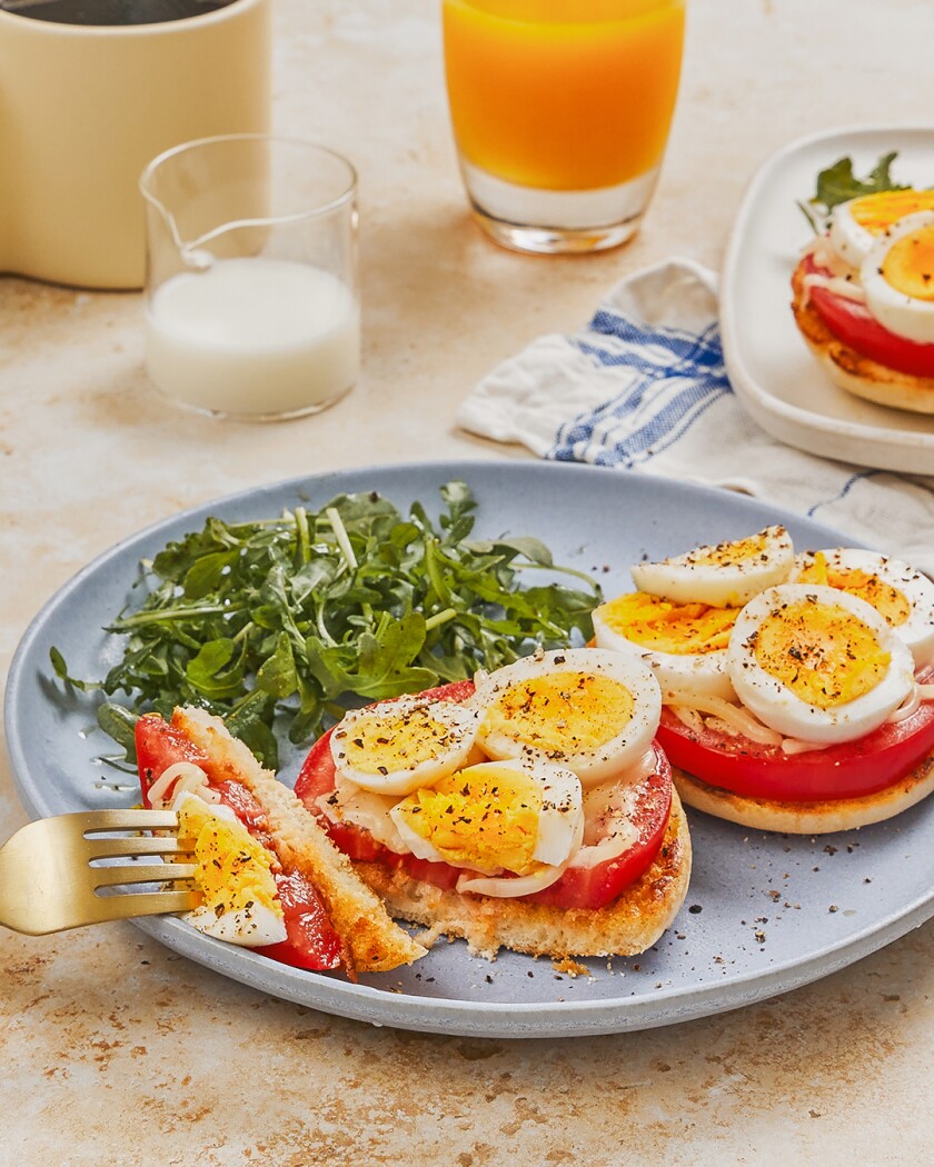 Breakfast meal styled on colorful surface