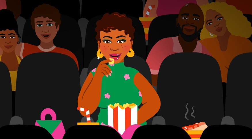 illustration of woman enjoying a solo date at the movie theater surrounded by other couples