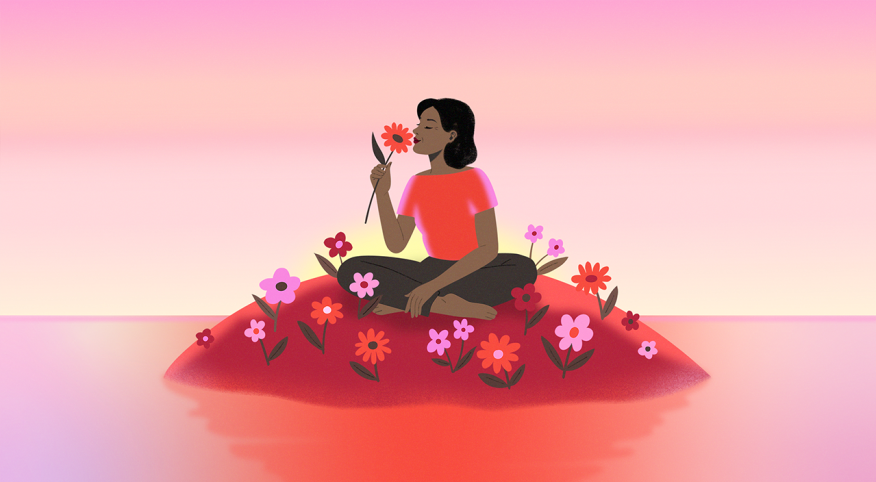 illustration of woman sitting on a red island with blooming flowers