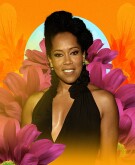photo collage of regina king in the middle of pink flowers