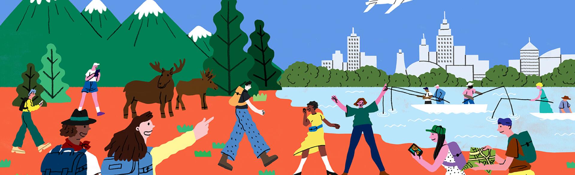 illustration of travel adventures such as camping fishing and exploring a big city