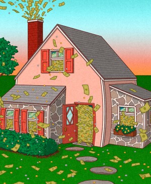 illustration of house full of money, nest egg, retirement