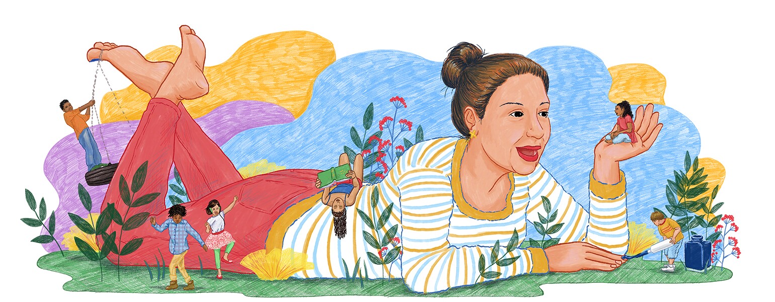A graphic of an oversized aunt, as her nieces and nephews play around her.