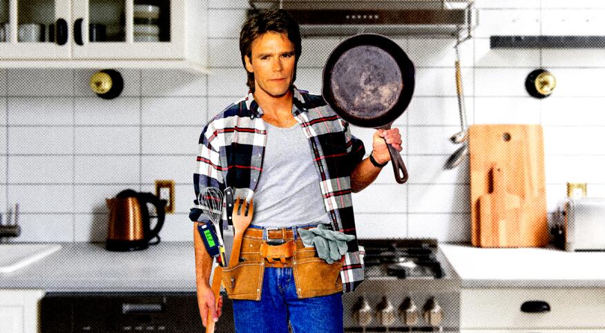 The actor from the show Macgyver superimposed into a kitchen scene
