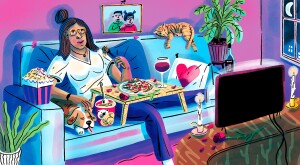 illustration of woman sitting on couch watching tv, cuddling with pets, eating her favorite food