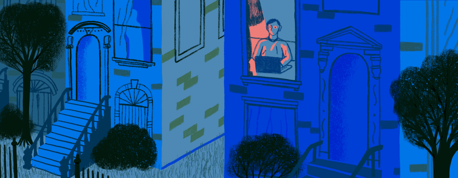 Illustrated gif of woman peaking around the corner looking at a man in a house on a computer.