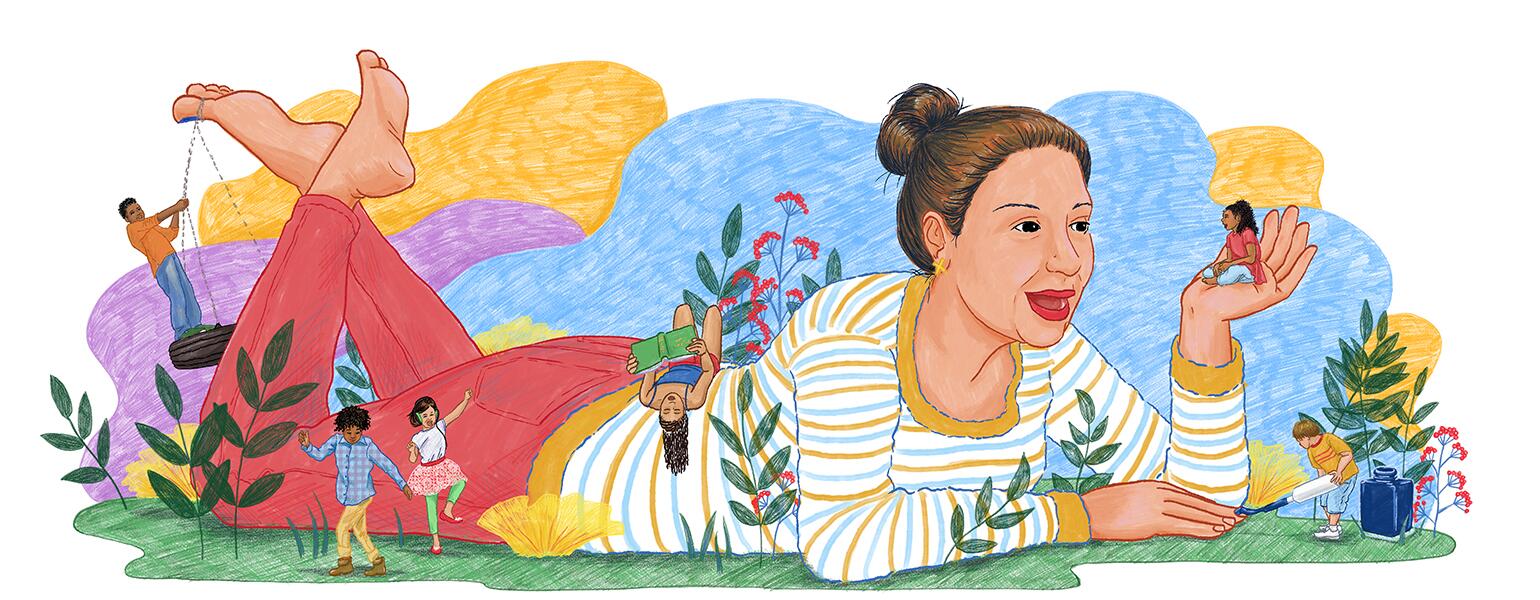 A graphic of an oversized aunt, as her nieces and nephews play around her.
