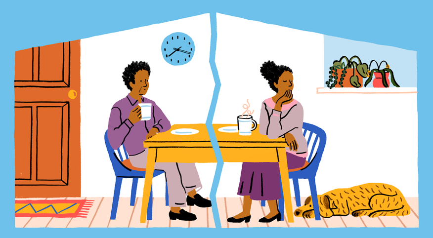 illustration of divorced couple in broken home scene