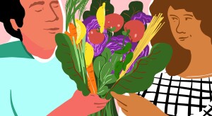 illustration of woman and man holding a bouquet of vegetables, falling in love, couple story, love