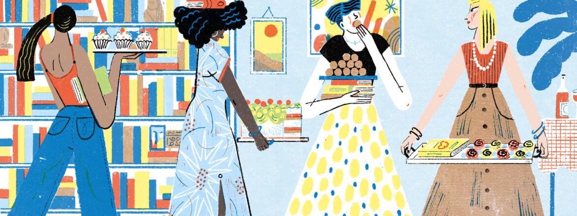 illustration of women at a book club carrying dessert trays
