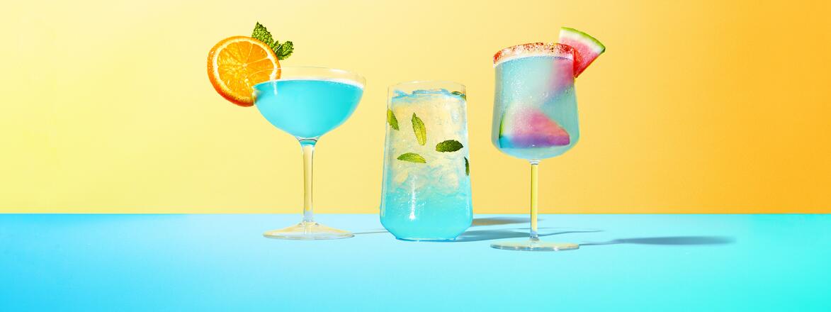 Three beautiful blue cocktails