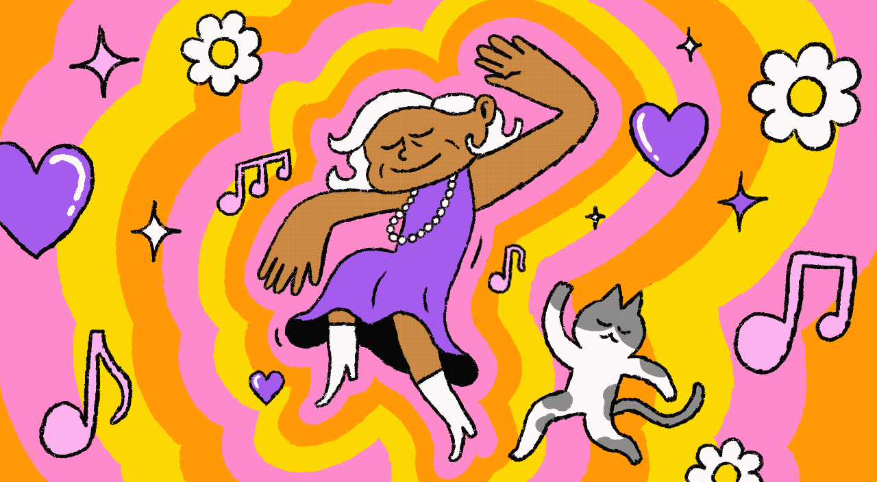 animation of woman dancing with her cat, music notes, flowers, hearts, advice