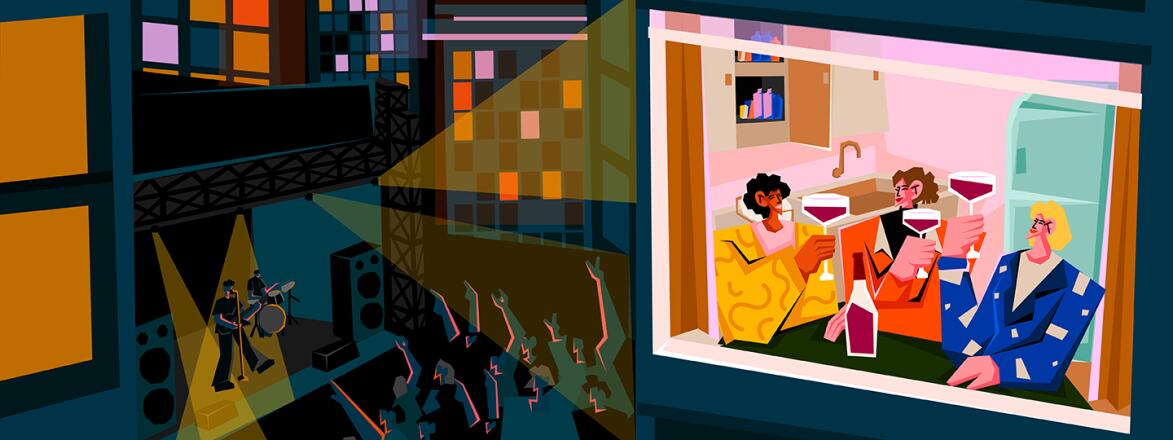 illustration_of_women_sitting_in_kitchen_drinking_wine_while_a_concert_is_going_on_outside_by_Erin_Dwia_1440x560