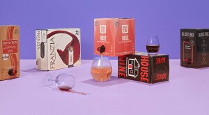 group of boxed wines on a purple background