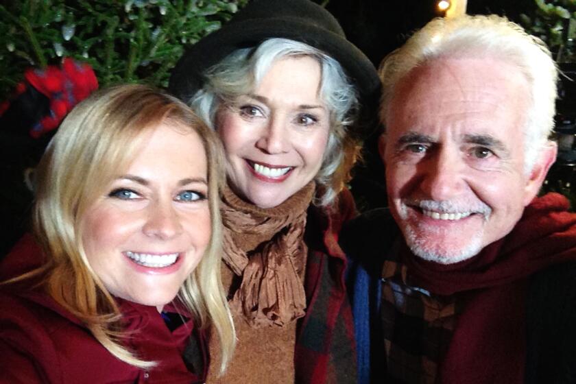 Melissa Joan Hart, Kathryn Leigh Scott and Richard Klein on set of Hallmark movie "Broadcasting Christmas"