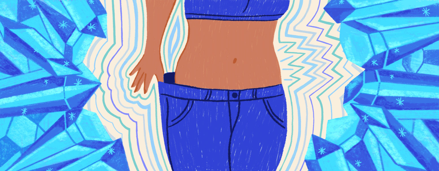 illustrated gif of woman pulling out her jeans waist with icicles surrounding