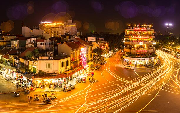 Hanoi Old Quarter panorama (Dong Kinh Nghia Thuc square) by night