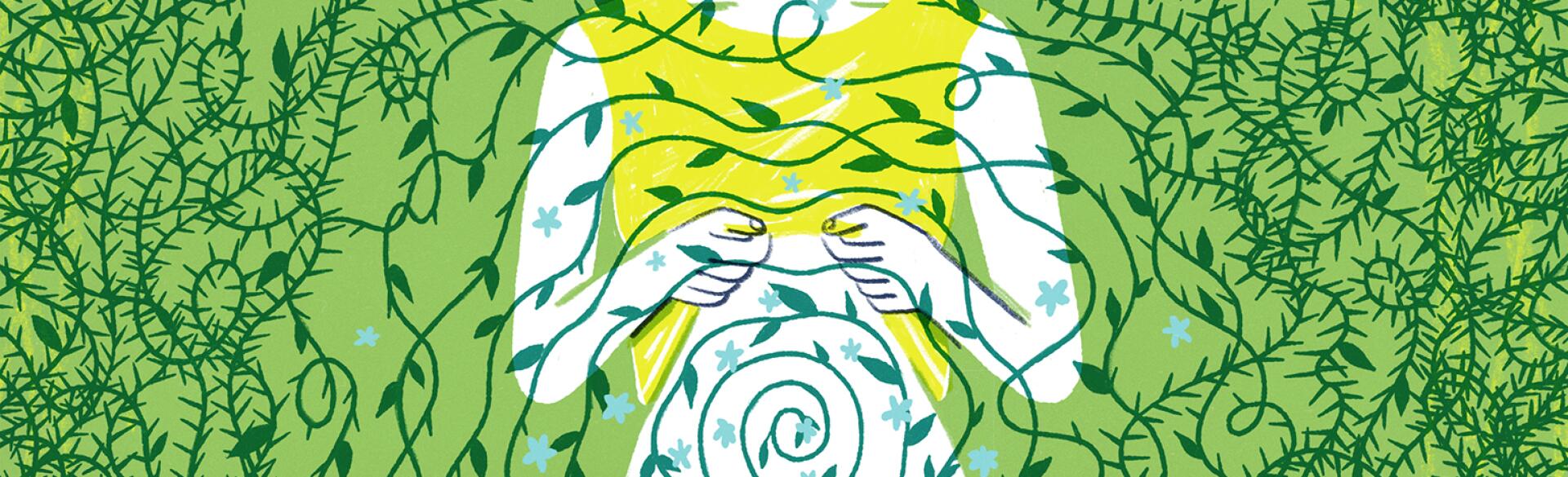illustration of woman showing her stomach with green vine wrapping around