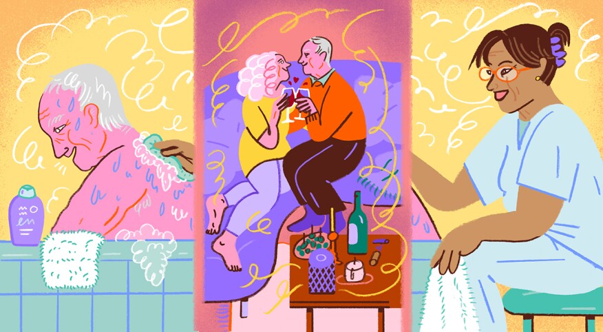 illustration of nurse bathing old man, couple drinking wine, ailing husband