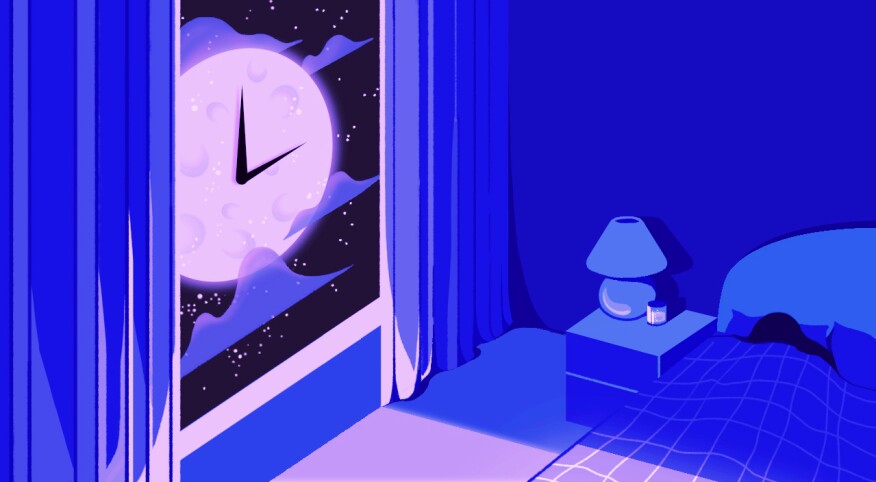 illustration of woman sleeping, clock handles over moon, sleep