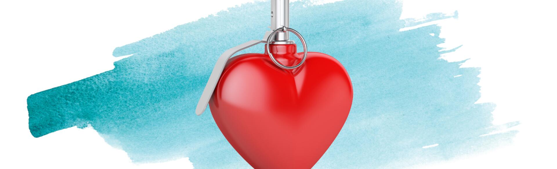 An illustration of a heart with a grenade pin in it - a literal love bomb.