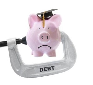 Piggy bank in debt vice grip