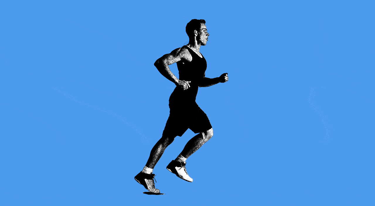 Young man jogging, transforming with puff of smoke into an older man jogging on blue background